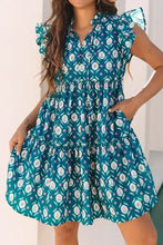 Printed Tie Neck Ruffled Cap Sleeve Dress Woman Casual Dress