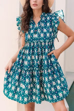 Printed Tie Neck Ruffled Cap Sleeve Dress Woman Casual Dress