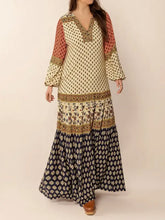 Printed V-Neck Balloon Sleeve Maxi Dress Khaki Woman Maxi Dress