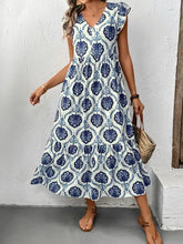 Printed V-Neck Cap Sleeve Dress Dark Blue Casual Dresses