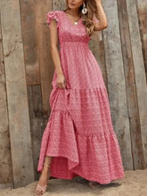 Printed V-Neck Ruffled Cap Sleeve Maxi Dress Scarlet Woman Maxi Dress