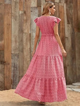 Printed V-Neck Ruffled Cap Sleeve Maxi Dress Woman Maxi Dress