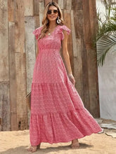 Printed V-Neck Ruffled Cap Sleeve Maxi Dress Woman Maxi Dress