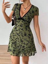 Printed V-Neck Short Sleeve Mini Dress Moss Woman Dress