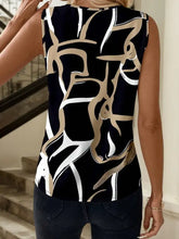 Black sleeveless printed v neck tank with bold white and beige abstract patterns perfect for casual wear