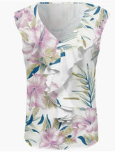 Printed V-neck tank sleeveless white blouse with pink hibiscus floral pattern and layered ruffles along the neckline