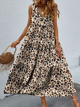 Printed V-Neck Tiered Maxi Tank Dress with Leopard Print