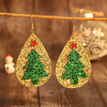 Gold glitter teardrop leather Christmas tree earrings with red star accent