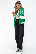 PU Leather Contrast Snap Bomber Jacket Green and White Varsity Style Woman Outerwear