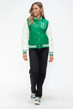 PU Leather Contrast Snap Bomber Jacket Green and White Varsity Style Woman Outerwear