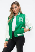 PU Leather Contrast Snap Bomber Jacket Green and White Varsity Style Woman Outerwear