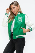 PU Leather Contrast Snap Bomber Jacket Green and White Varsity Style Woman Outerwear