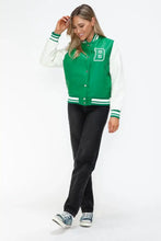 PU Leather Contrast Snap Bomber Jacket Green and White Varsity Style Woman Outerwear