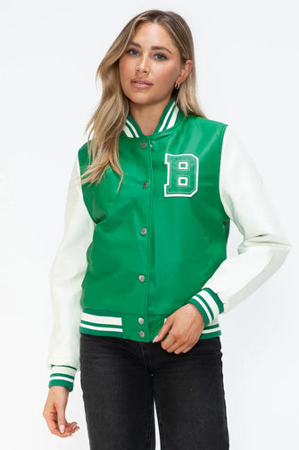 PU Leather Contrast Snap Bomber Jacket Green and White Varsity Style Green Milk