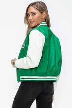 PU Leather Contrast Snap Bomber Jacket Green and White Varsity Style