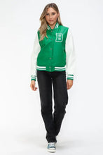 PU Leather Contrast Snap Bomber Jacket Green and White Varsity Style Woman Outerwear