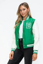 PU Leather Contrast Snap Bomber Jacket Green and White Varsity Style Woman Outerwear