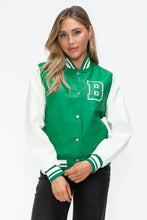 PU Leather Contrast Snap Bomber Jacket Green and White Varsity Style Woman Outerwear