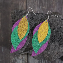 Mardi Gras glittery leather leaf dangle earrings