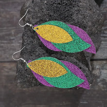 Multi-layered glitter leather leaf dangle earrings in gold, green, purple