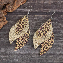 Leopard print and gold glitter layered leaf earrings in PU leather