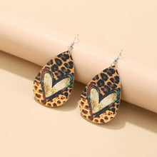 PU leather leopard teardrop earrings with heart design