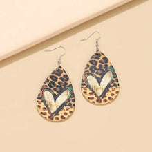 Leopard teardrop earrings in PU leather with white heart design