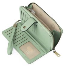 PU leather long wallet in mint green with wrist strap and card slots