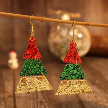 Glittery PU leather sequin earrings shaped as tiered Christmas trees in red, green, gold