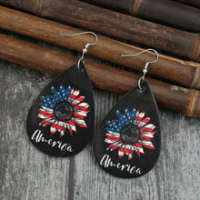 Black PU leather sunflower teardrop earrings with American flag design