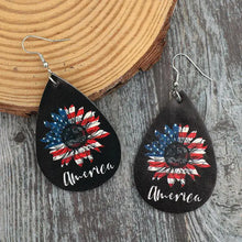 Two black leather sunflower teardrop earrings with American flag design