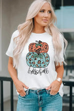 White short-sleeved women’s t-shirt with stacked pumpkin graphic