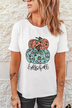 Women’s pumpkin graphic short sleeve white t-shirt with teal pumpkins and hello fall design