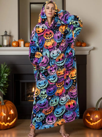 Pumpkin Patterned Hooded Blanket Slightly Stretchy and Machine Washable Black One Size
