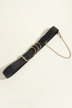 Punk PU belt with black leather, gold O-rings, and chain detail