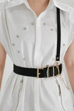 Punk PU belt with black leather, silver hardware, chain details, gold O-rings