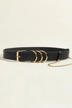 Punk PU belt with black leather, gold O-rings, and chain detail