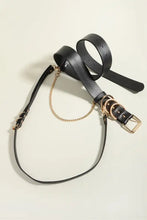 Punk PU belt with black leather, gold buckle, O-rings and chain detail