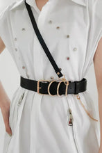 White sleeveless collared shirt dress with punk PU belt, gold O-rings, and studs