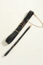 Punk PU belt with gold O-rings, chain detail, and shoulder strap