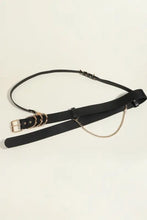 Punk PU belt with black leather, silver hardware, gold O-rings and chain detail