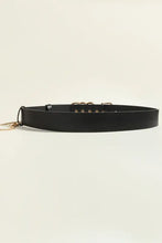 Punk PU belt with black leather, silver grommets, gold O-rings and chain detail