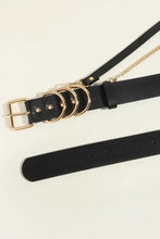 Black leather punk PU belt with gold O-rings and chain detail