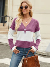 Purple and White Color Block V-Neck Ribbed Knit Sweater for Women