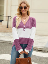 Purple and White Color Block V-Neck Ribbed Knit Sweater for Women Red-Violet