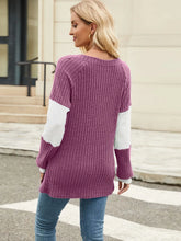 Purple and White Color Block V-Neck Ribbed Knit Sweater for Women