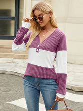 Purple and White Color Block V-Neck Ribbed Knit Sweater for Women