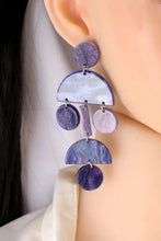 Purple geometrical shape acrylic dangle earrings with white shell discs