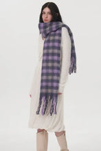 Purple Grey Fringe Plaid Polyester Scarf with Soft Fringed Ends