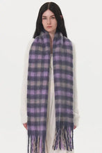 Fuzzy purple grey fringe plaid polyester scarf with fringed ends